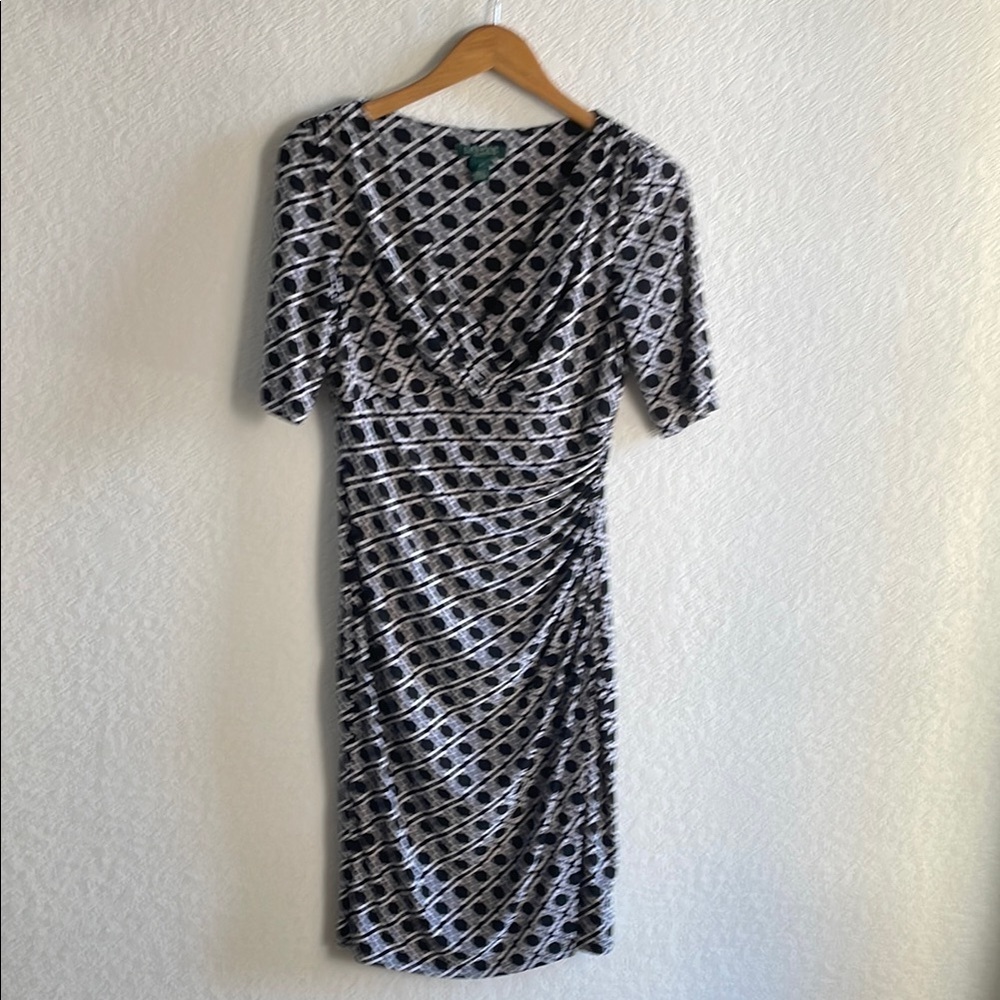 Lauren Ralph Lauren Career Dress Faux Wrap Side Ruching Black White Gray Size 6